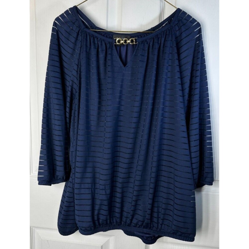 B Design Blouse Women's Size 2x Navy Blue 3/4 Sleeve Top Chain Accent